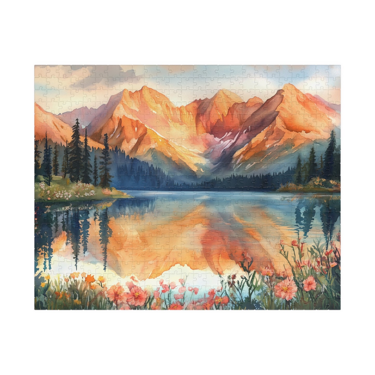 Fiery Red Mountain Reflection Puzzle (110, 252, 520, 1014 Pieces) - Wildflower Shoreline, Alpine Forest, Golden Hour Glow,