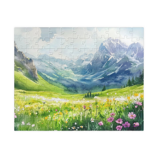 Mountain Meadow Puzzle (110, 252, 520, 1014 Pieces) - Wildflowers, Alpine Valley, Snowy Peaks, Peaceful Landscape