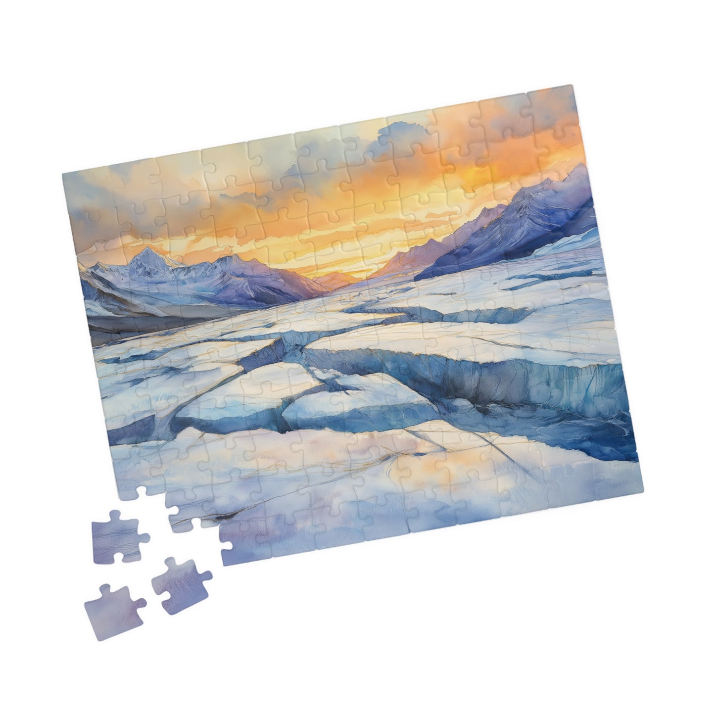 Glacial Field Puzzle (110, 252, 520, 1014 Pieces) - Frozen Mountain Landscape with Cracked Ice, Arctic Horizon, and Winter Sunset Glow