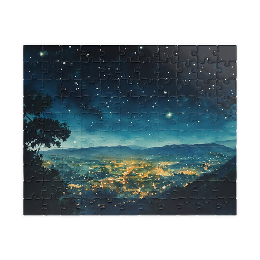 Mountain Town Under a Starry Sky Puzzle (110, 252, 520, 1014 Pieces) - Peaceful Night Lights, Stargazing, Cozy Escape