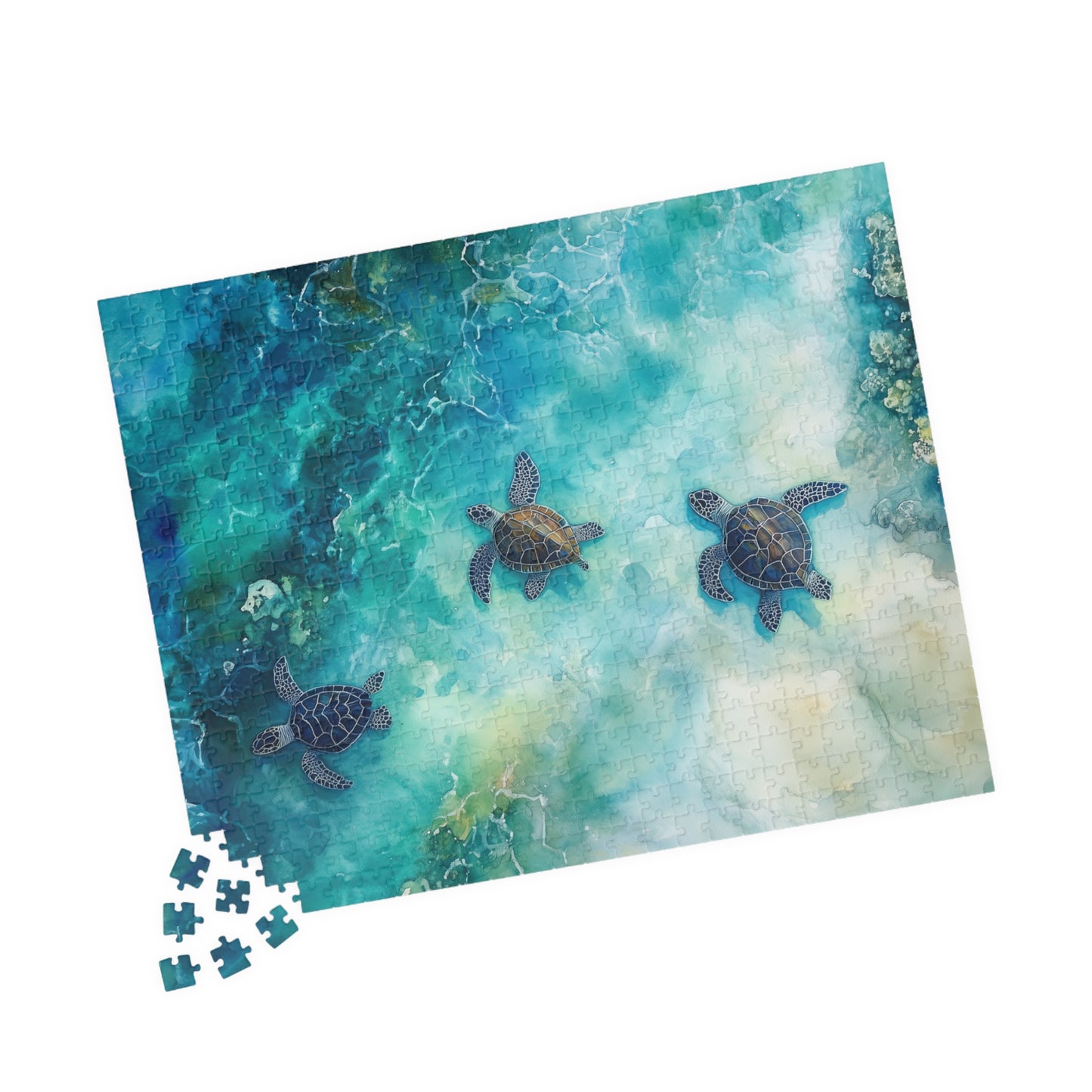 Turtle Trio Puzzle (110, 252, 520, 1014 Pieces) - Watercolor Sea Turtle Art, Ocean Wildlife, Serene Blue Puzzle, Relaxing Nature Puzzle
