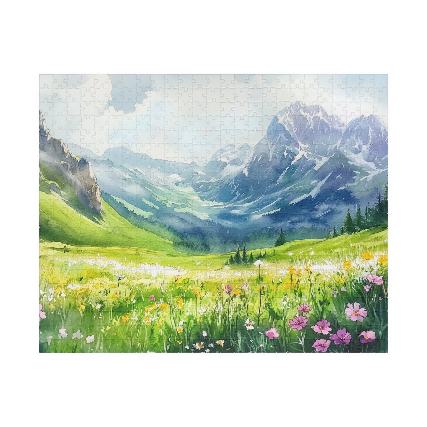 Mountain Meadow Puzzle (110, 252, 520, 1014 Pieces) - Wildflowers, Alpine Valley, Snowy Peaks, Peaceful Landscape