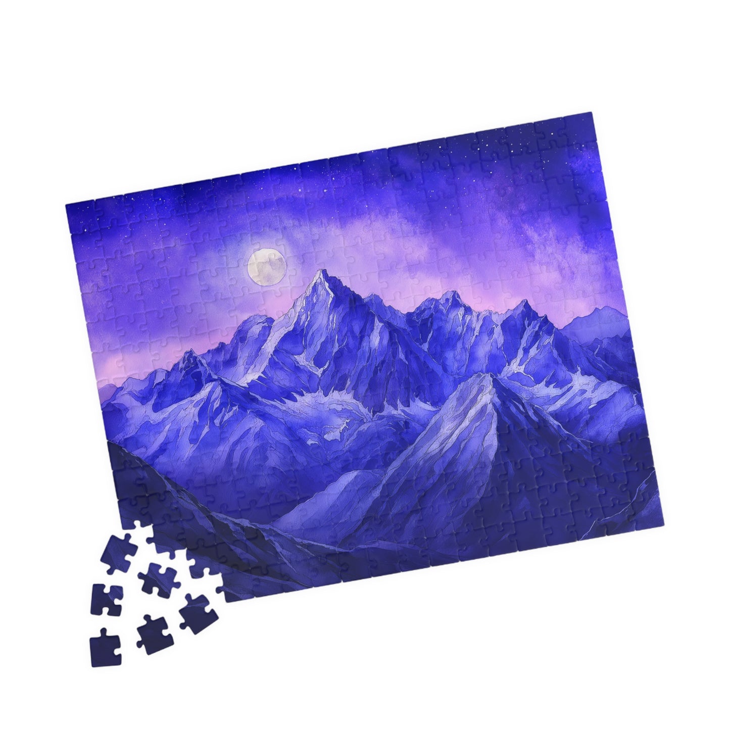 Moonlit Mountains Puzzle (110, 252, 520, 1014 Pieces) - Dreamy Winter Night, Midnight Blues, Starry Sky, Serene Snowy Landscape