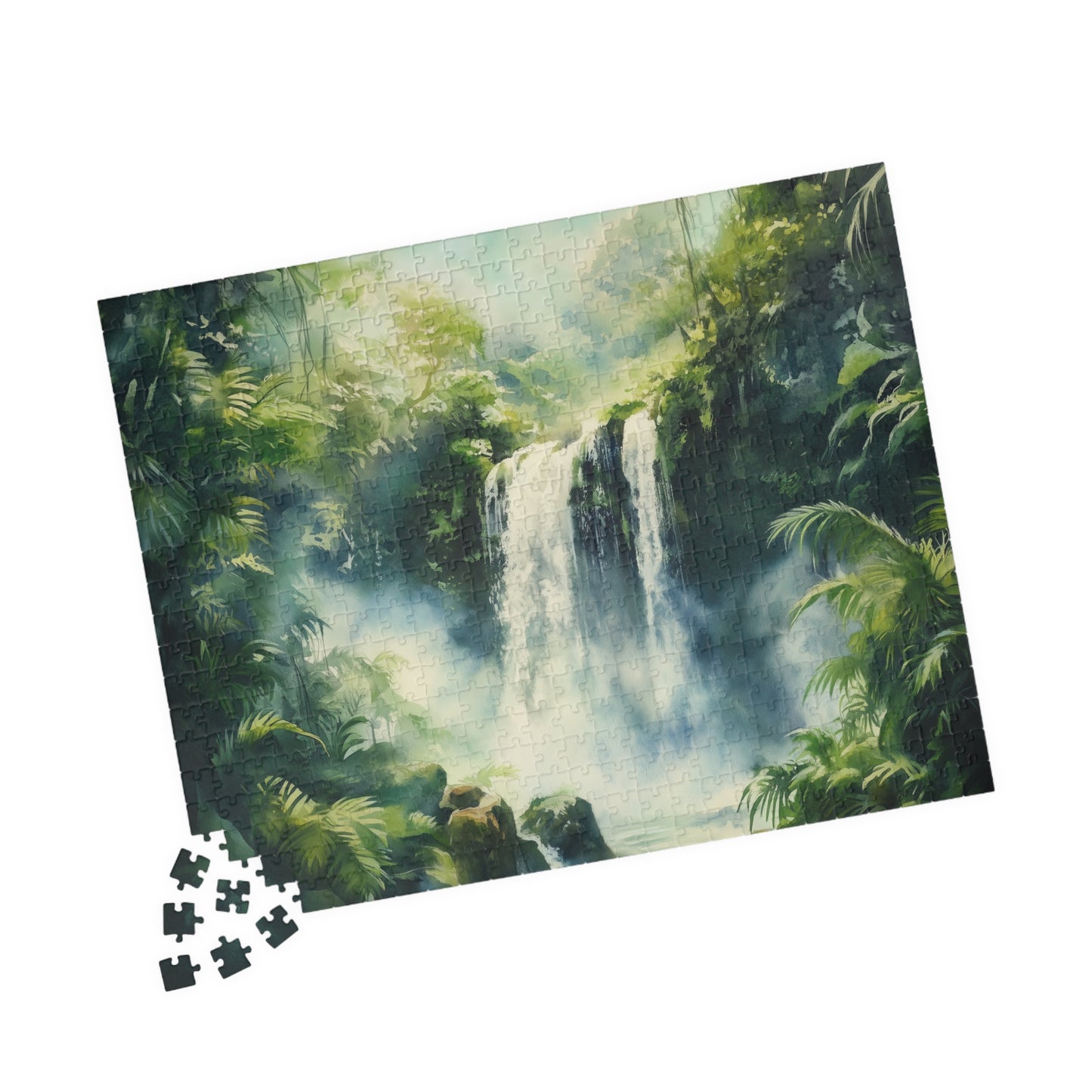 Lush Jungle Waterfall Puzzle (110, 252, 520, 1014 Pieces) - Tropical Rainforest Puzzle, Misty Green Waterfall Art, Serene Nature Escape