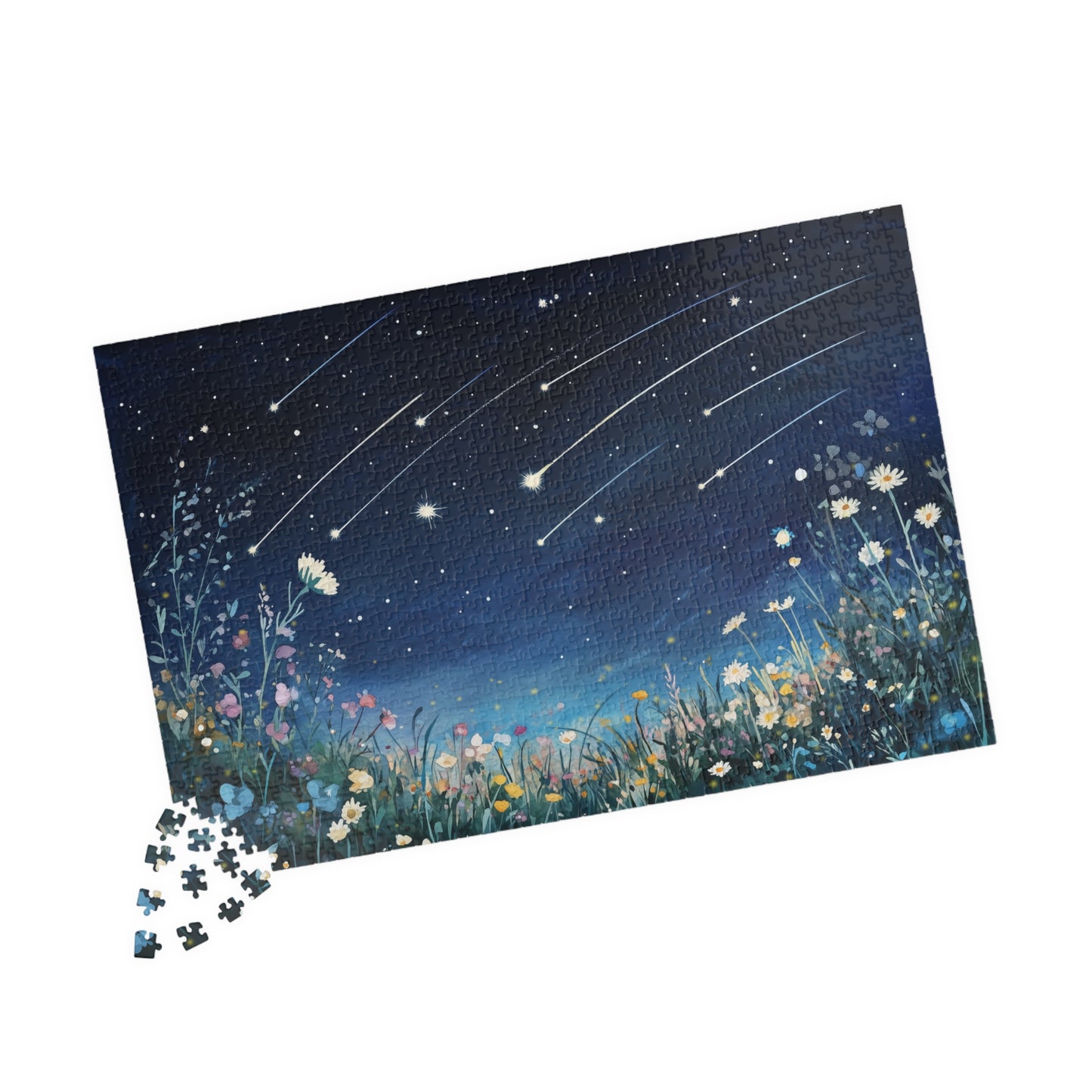 Wildflowers Under a Starry Sky Puzzle (110, 252, 520, 1014 Pieces) - Dreamy Meteor Shower, Starry Night Scene with Colorful Blooms