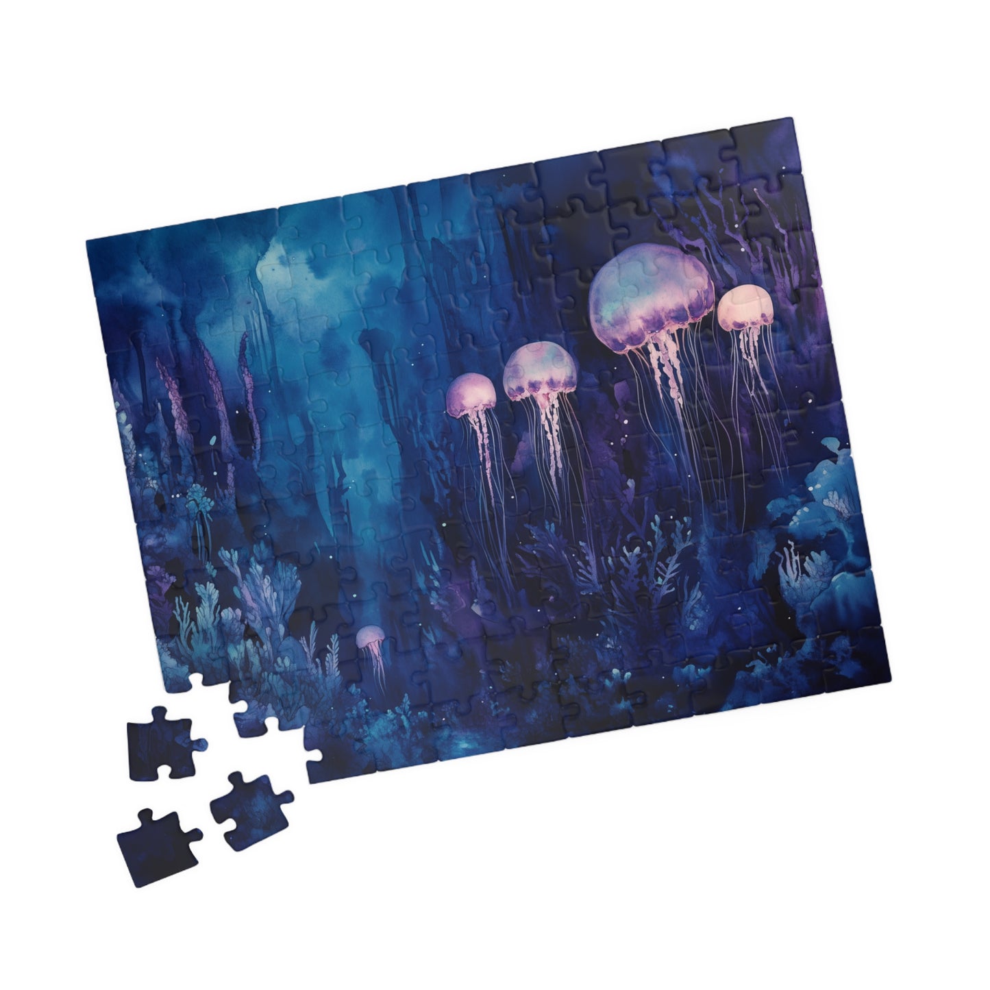 Jellyfish in the Deep Puzzle (110, 252, 520, 1014 Pieces) - Glowing Creatures, Underwater Forest, Bioluminescent Ocean Fantasy