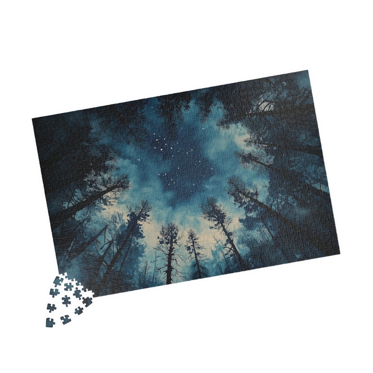 Moody Forest Sky Puzzle (110, 252, 520, 1014 Pieces) - Atmospheric Night View, Blue Toned, Starry Tree Canopy