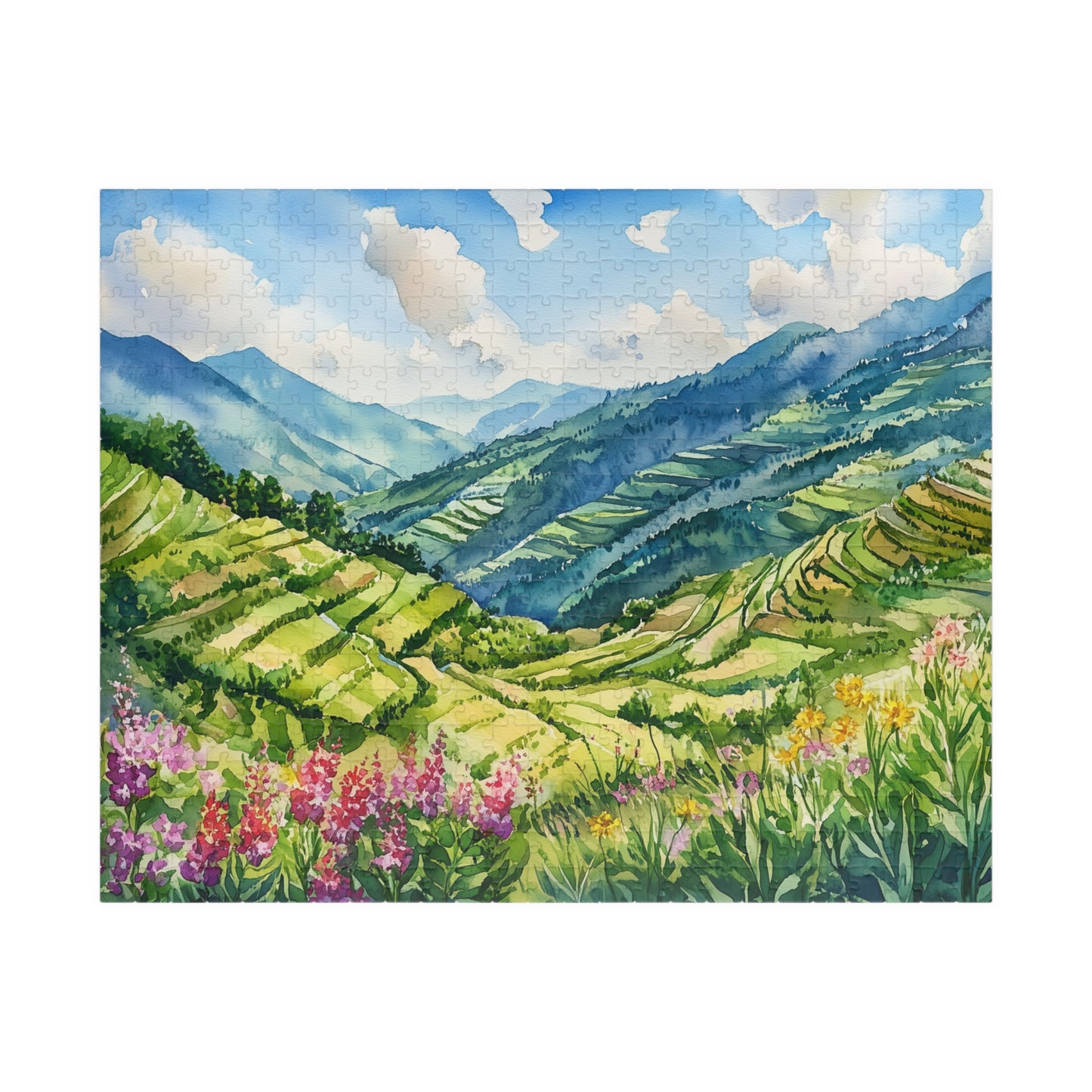 Terraced Hillside Puzzle (110, 252, 520, 1014 Pieces) - Lush Green Valleys, Layered Landscapes, Blooming Wildflowers, Vivid Nature Puzzle