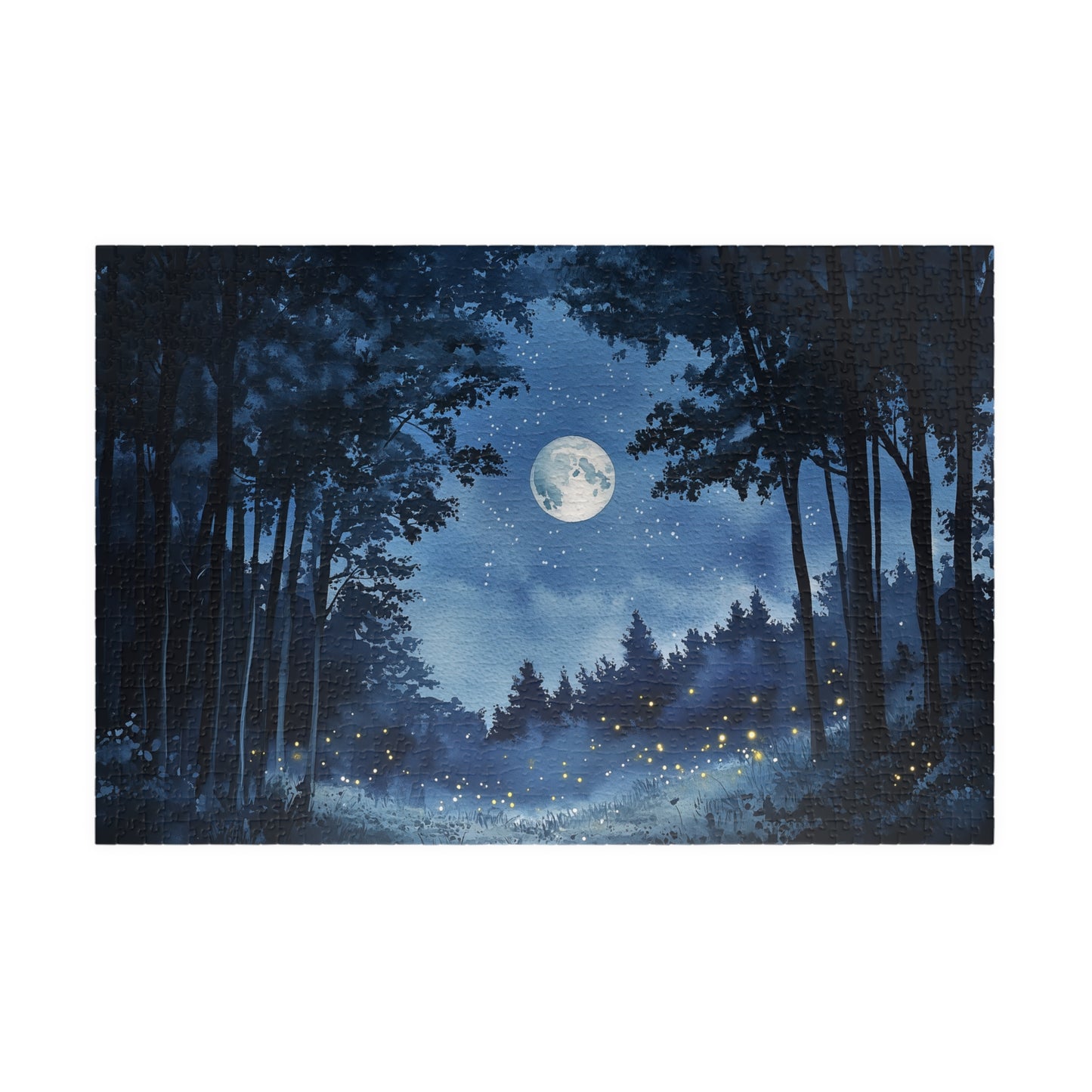 Moonlit Forest Puzzle (110, 252, 520, 1014 Pieces) - Enchanted Trees, Fireflies, and Starry Night Sky in Monochrome Blue
