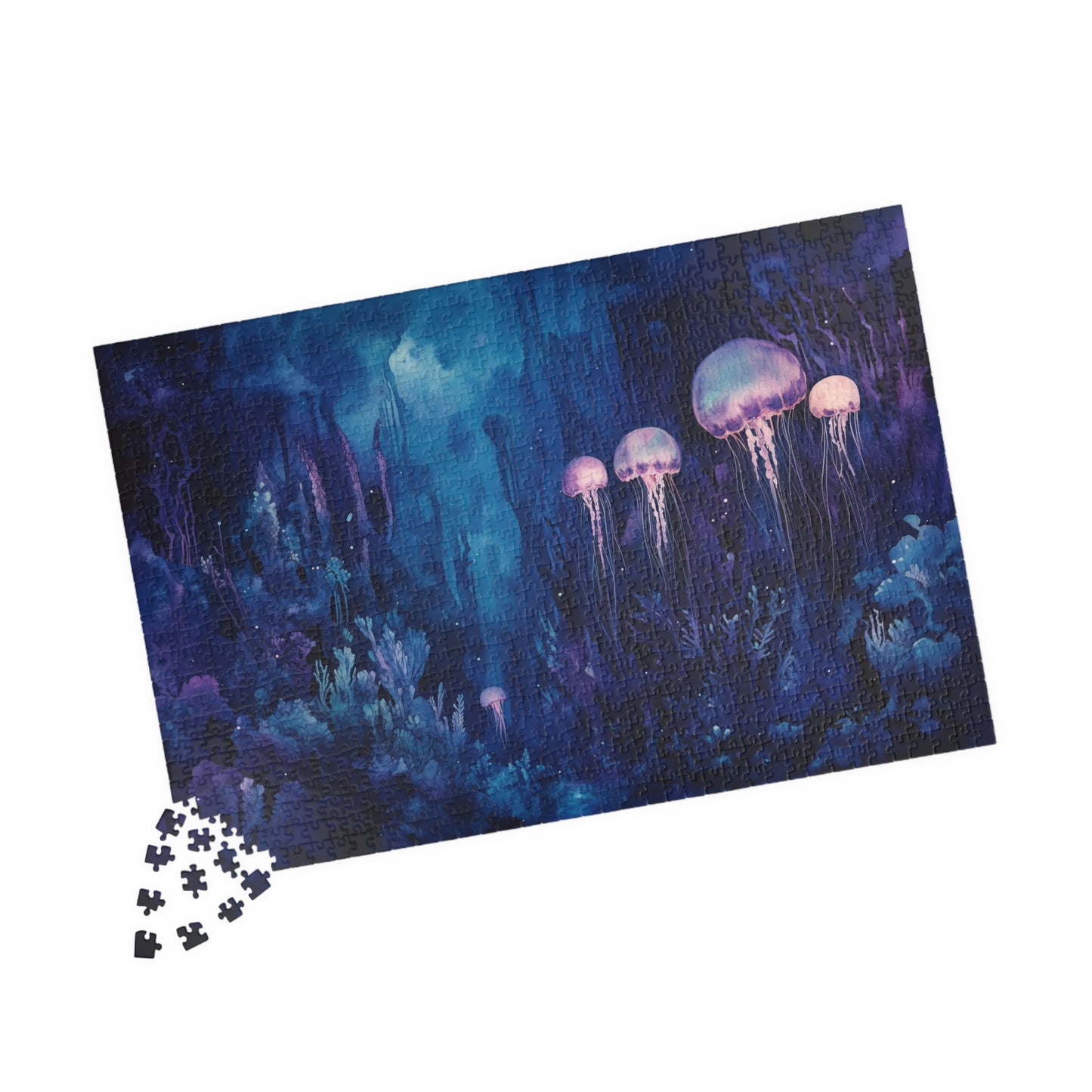 Jellyfish in the Deep Puzzle (110, 252, 520, 1014 Pieces) - Glowing Creatures, Underwater Forest, Bioluminescent Ocean Fantasy