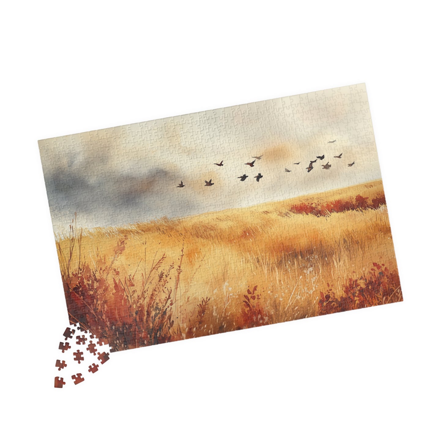 Golden Prairie Flight Puzzle (110, 252, 520, 1014 Pieces) - Autumn Grassland, Birds in Flight, Warm Earth Tones, Stress Relief, Home Decor