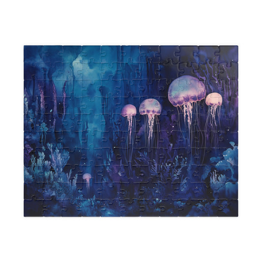 Jellyfish in the Deep Puzzle (110, 252, 520, 1014 Pieces) - Glowing Creatures, Underwater Forest, Bioluminescent Ocean Fantasy