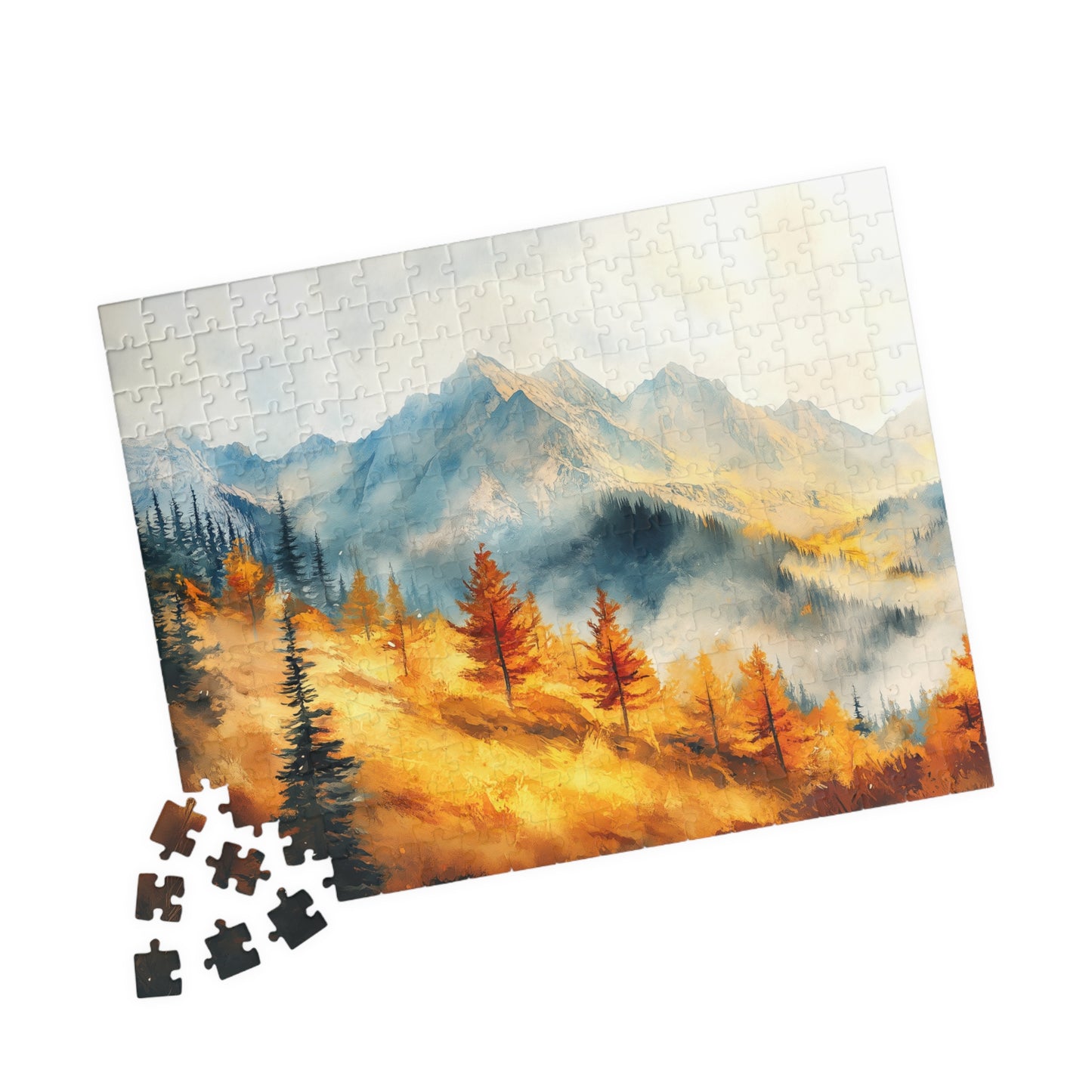 Golden Hillside Puzzle (110, 252, 520, 1014 Pieces) - Autumn Forest Jigsaw, Tranquil Nature Puzzle, Misty Mountain Decor, Fall Lover Gift
