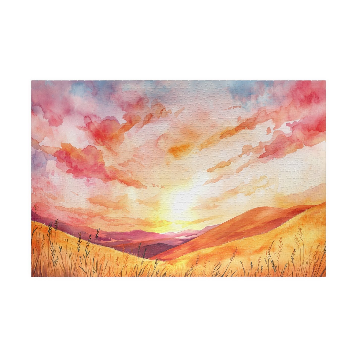 Golden Prairie Sunset Puzzle (110, 252, 520, 1014 Pieces) - Warm Tones, Rolling Hills, Tranquil Evening Sky, Cozy Evenings, Home Decor