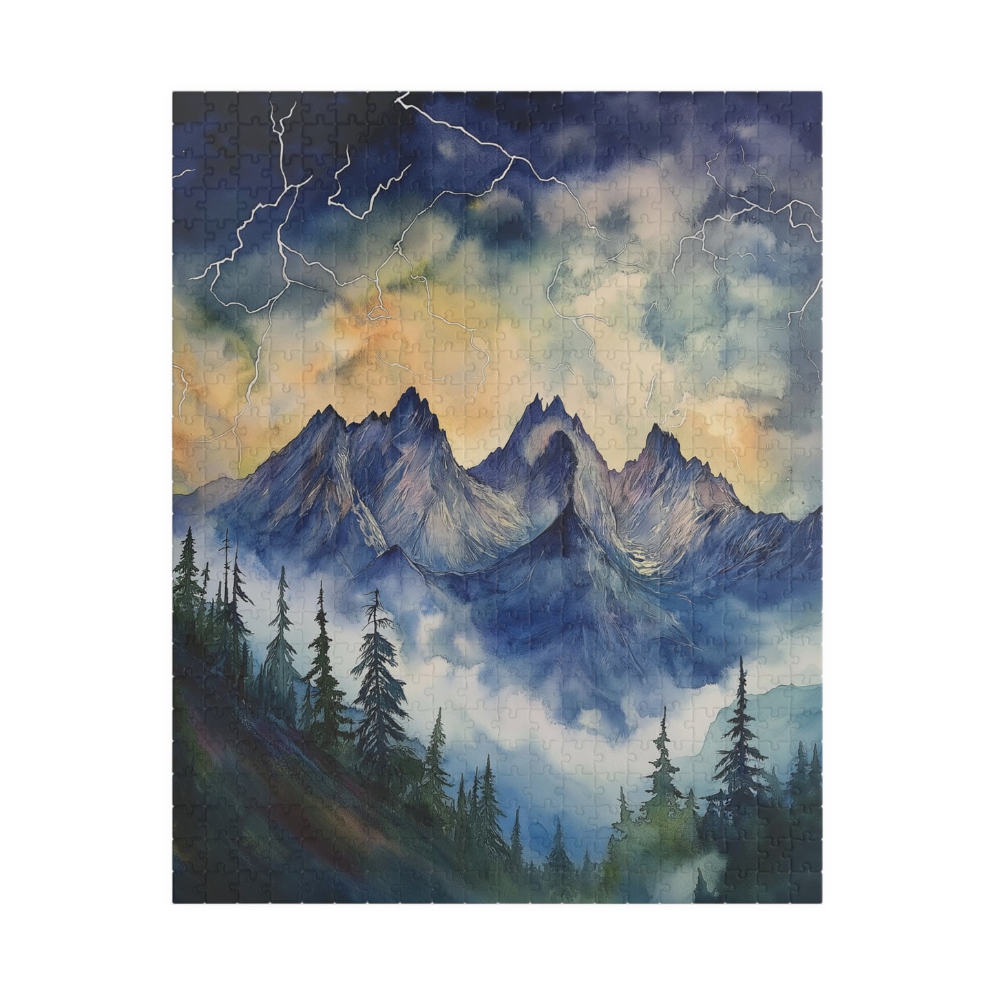 Stormy Mountain Peaks Puzzle (110, 252, 520, 1014 Pieces) - Dark Pine Forest, Lightning Strikes, Dramatic Skies Over Jagged Summits