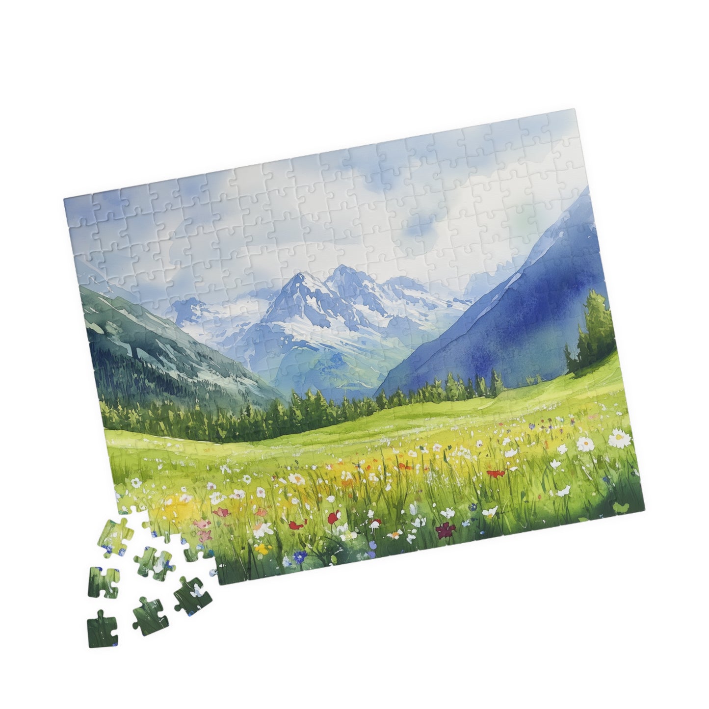 Spring Mountain Puzzle (110, 252, 520, 1014 Pieces) - Alpine Wildflower Meadow with Snowy Peaks, Blue Sky, and Peaceful Green Hills