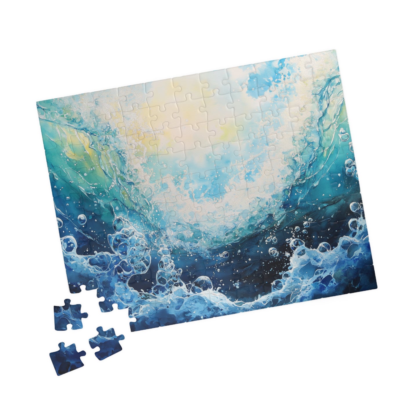 Crashing Wave Puzzle (110, 252, 520, 1014 Pieces) - Ocean Bubbles, Aquatic Motion, Abstract Watercolor Sea Energy, Underwater View