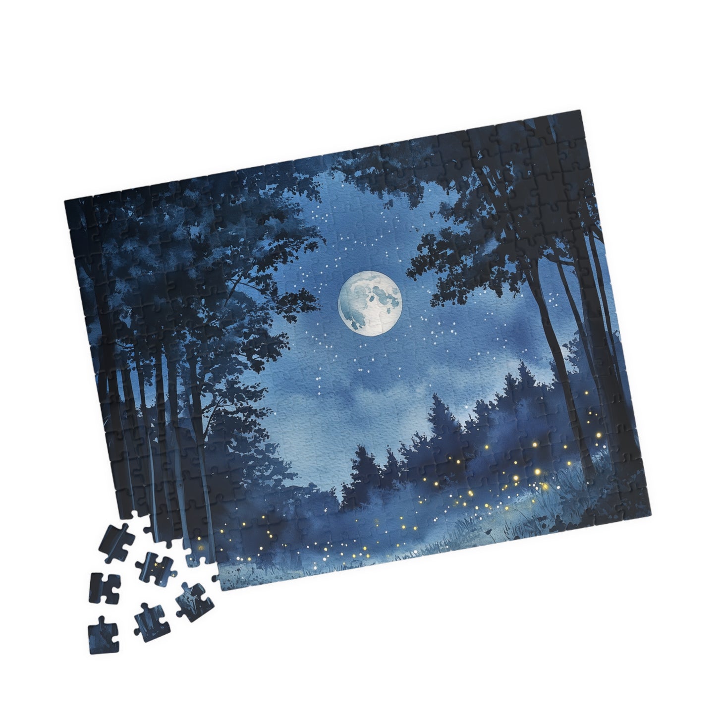 Moonlit Forest Puzzle (110, 252, 520, 1014 Pieces) - Enchanted Trees, Fireflies, and Starry Night Sky in Monochrome Blue