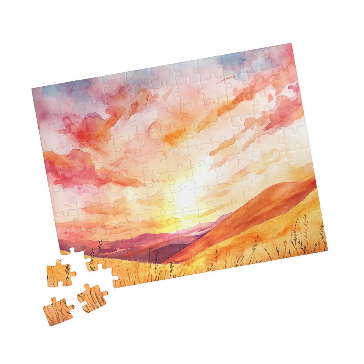 Golden Prairie Sunset Puzzle (110, 252, 520, 1014 Pieces) - Warm Tones, Rolling Hills, Tranquil Evening Sky, Cozy Evenings, Home Decor
