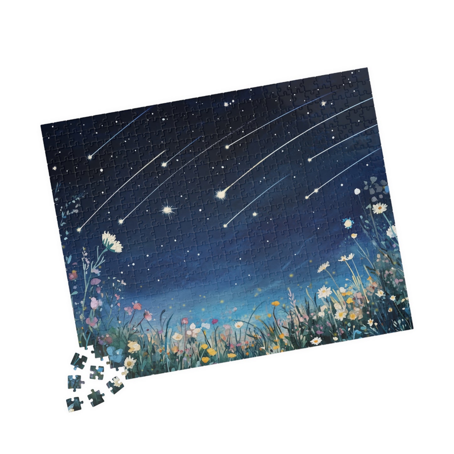 Wildflowers Under a Starry Sky Puzzle (110, 252, 520, 1014 Pieces) - Dreamy Meteor Shower, Starry Night Scene with Colorful Blooms