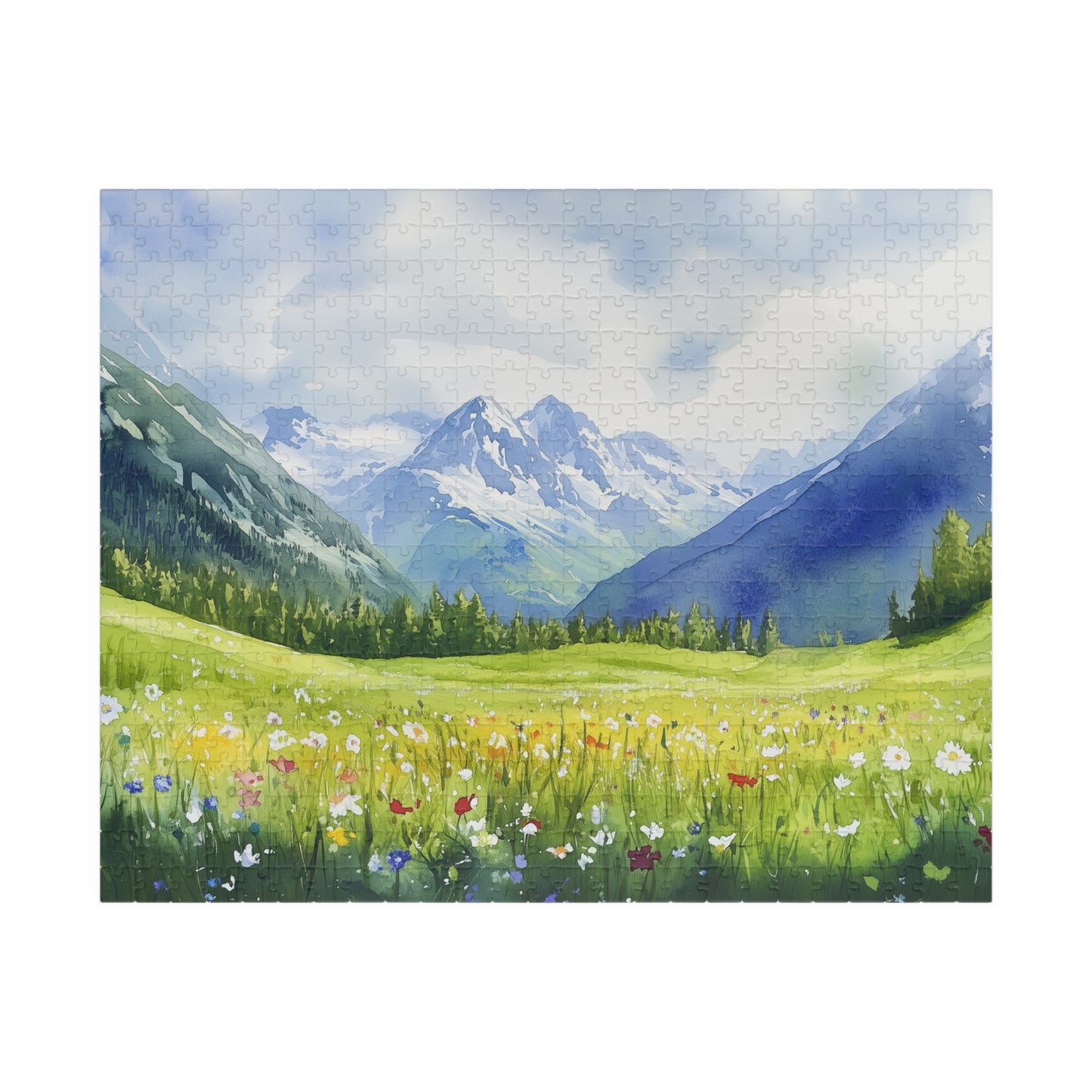 Spring Mountain Puzzle (110, 252, 520, 1014 Pieces) - Alpine Wildflower Meadow with Snowy Peaks, Blue Sky, and Peaceful Green Hills