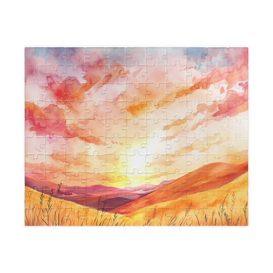 Golden Prairie Sunset Puzzle (110, 252, 520, 1014 Pieces) - Warm Tones, Rolling Hills, Tranquil Evening Sky, Cozy Evenings, Home Decor