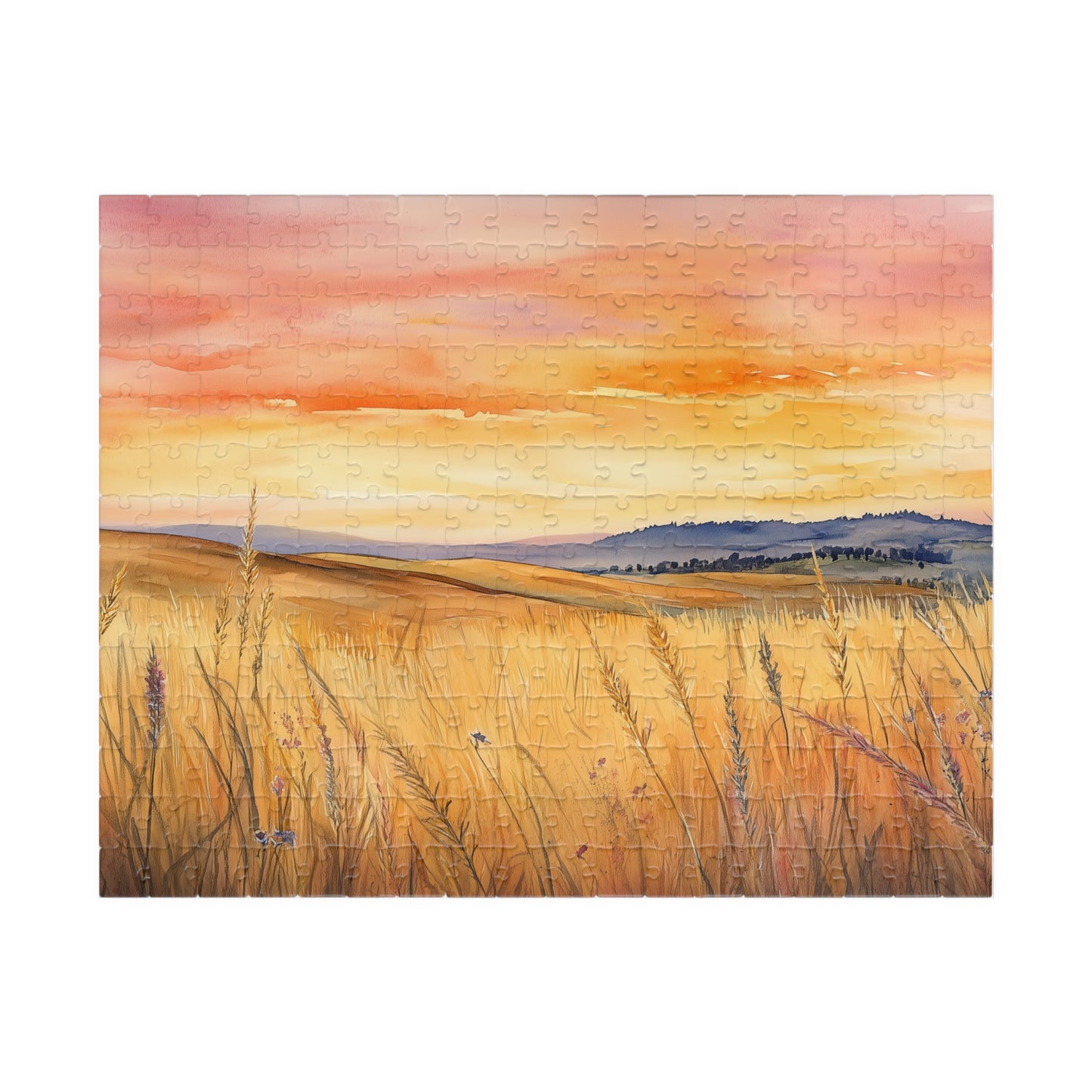 Prairie at Sunset Puzzle (110, 252, 520, 1014 Pieces) - Golden Fields, Rolling Hills, Glowing Horizon, Nature Lovers Gift, Relaxing Activity