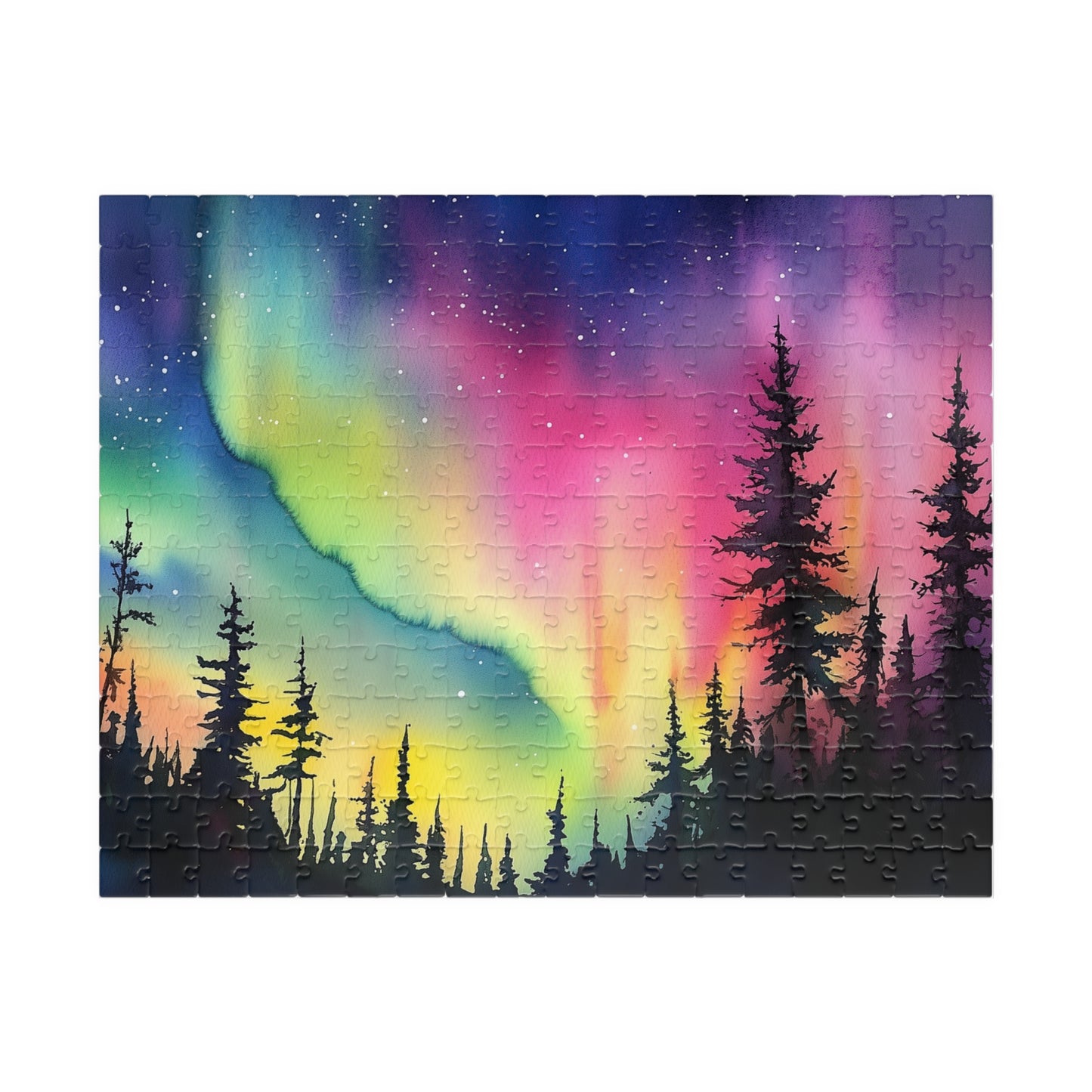 Aurora Glow Puzzle (110, 252, 520, 1014 Pieces) - Northern Lights Over Forest Silhouette, Fun Family Activity, Unique Gift Idea