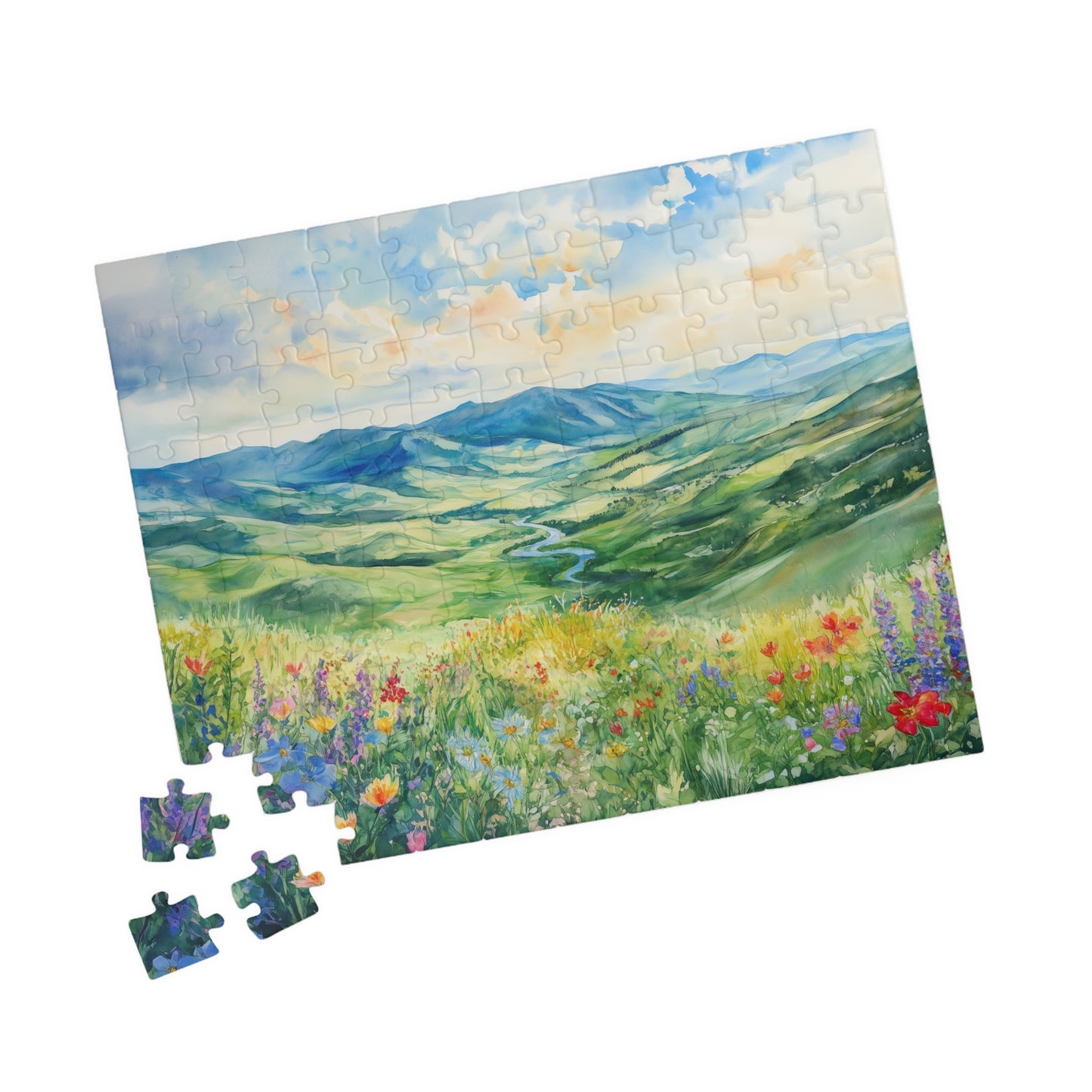 Wildflower Valley Overlook Puzzle (110, 252, 520, 1014 Pieces) - Rolling Green Mountains, Winding River, Blooming Meadow, Scenic Spring View