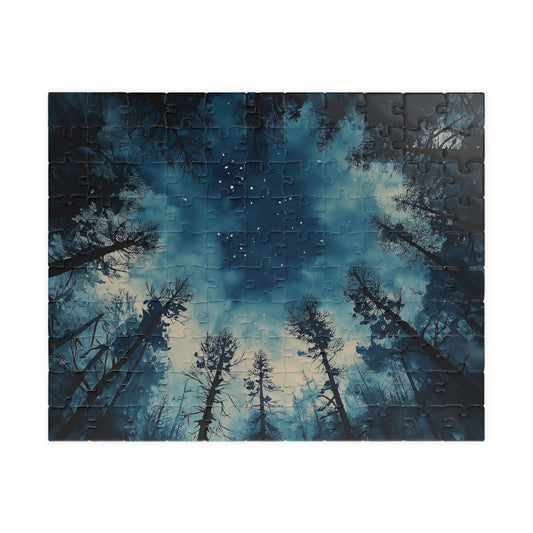 Moody Forest Sky Puzzle (110, 252, 520, 1014 Pieces) - Atmospheric Night View, Blue Toned, Starry Tree Canopy