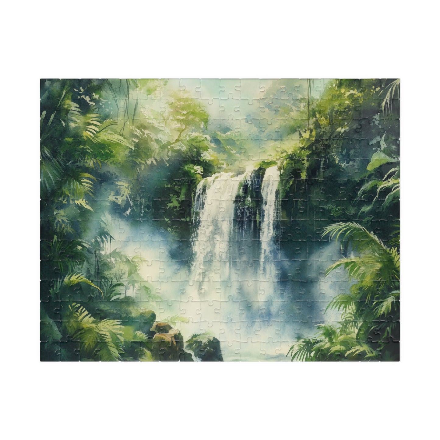 Lush Jungle Waterfall Puzzle (110, 252, 520, 1014 Pieces) - Tropical Rainforest Puzzle, Misty Green Waterfall Art, Serene Nature Escape