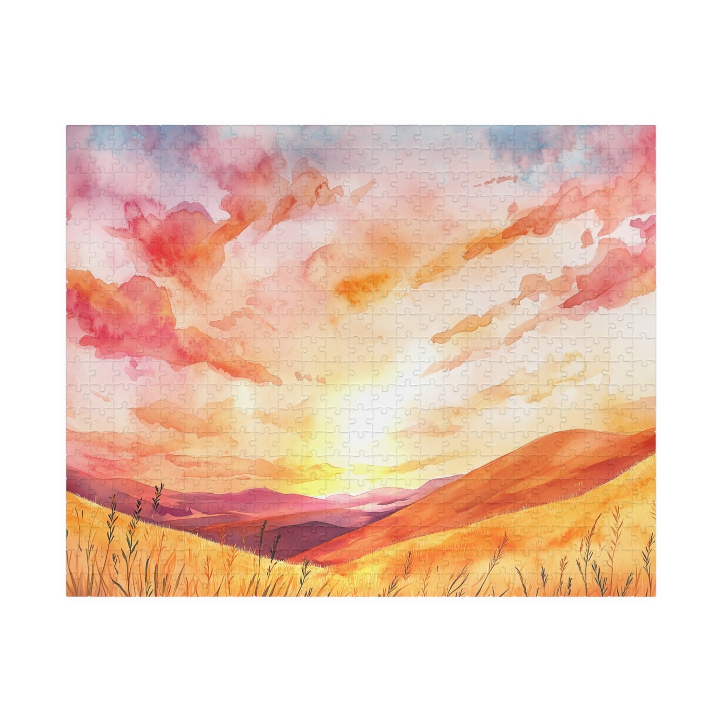 Golden Prairie Sunset Puzzle (110, 252, 520, 1014 Pieces) - Warm Tones, Rolling Hills, Tranquil Evening Sky, Cozy Evenings, Home Decor