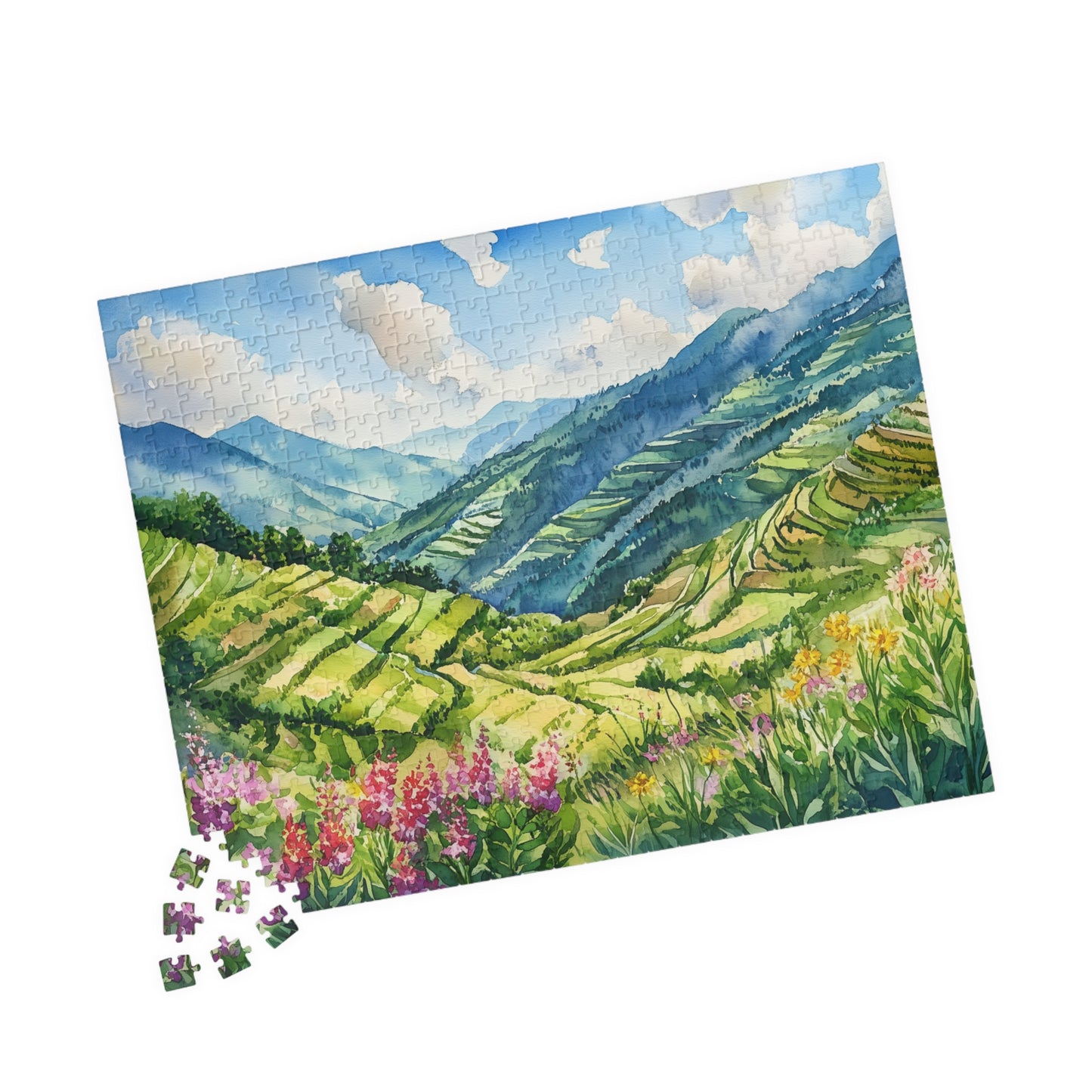 Terraced Hillside Puzzle (110, 252, 520, 1014 Pieces) - Lush Green Valleys, Layered Landscapes, Blooming Wildflowers, Vivid Nature Puzzle