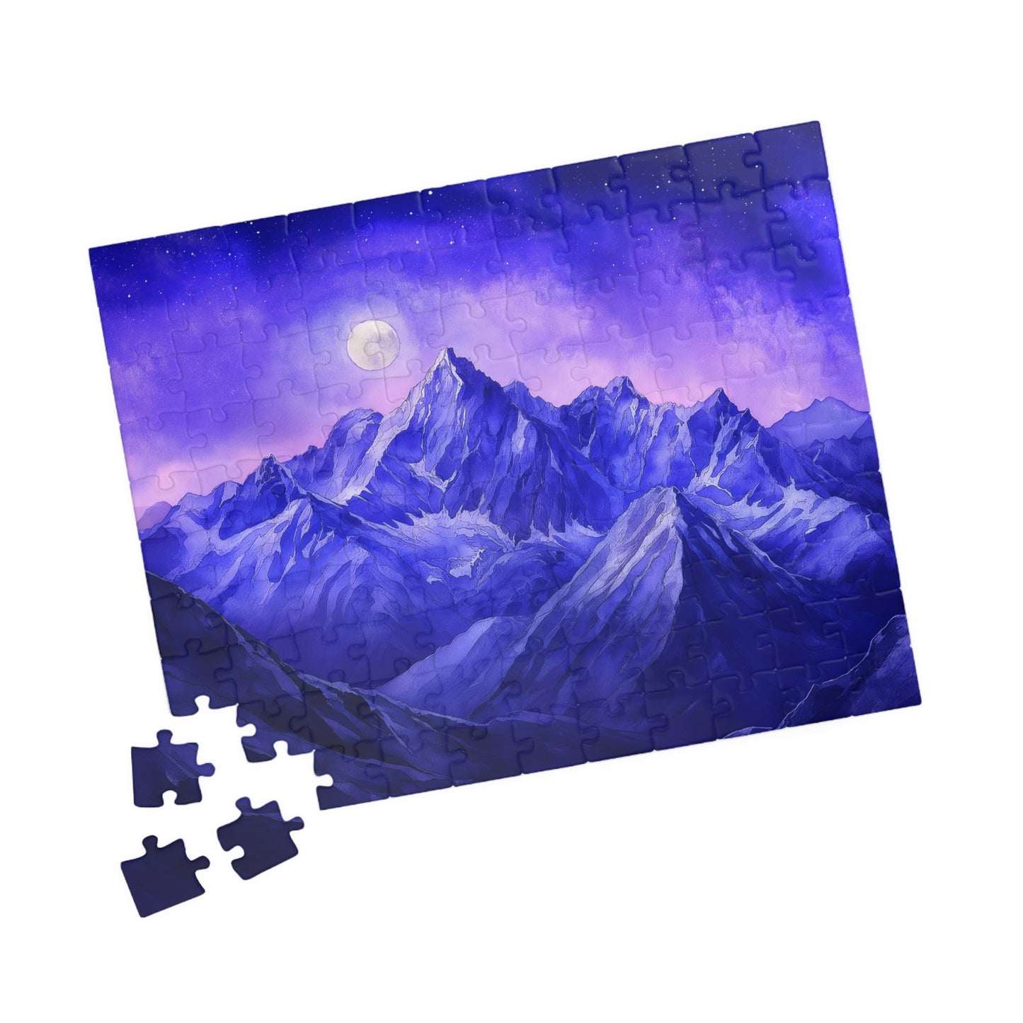 Moonlit Mountains Puzzle (110, 252, 520, 1014 Pieces) - Dreamy Winter Night, Midnight Blues, Starry Sky, Serene Snowy Landscape