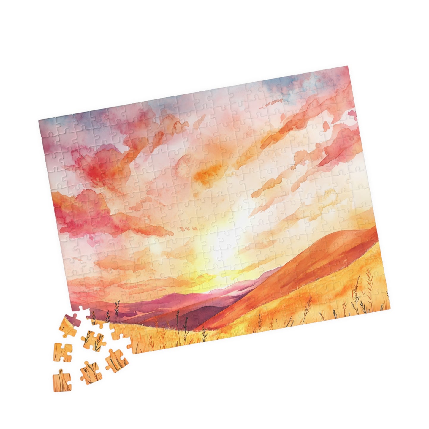Golden Prairie Sunset Puzzle (110, 252, 520, 1014 Pieces) - Warm Tones, Rolling Hills, Tranquil Evening Sky, Cozy Evenings, Home Decor