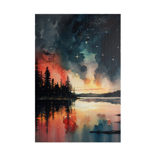 Starlit Reflections Puzzle (110, 252, 520, 1014 Pieces) - Celestial Sky Over Lake, Vibrant Galaxy Colors, Tranquil Nature Scene