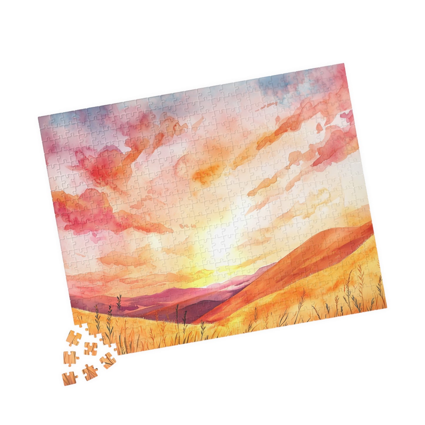 Golden Prairie Sunset Puzzle (110, 252, 520, 1014 Pieces) - Warm Tones, Rolling Hills, Tranquil Evening Sky, Cozy Evenings, Home Decor