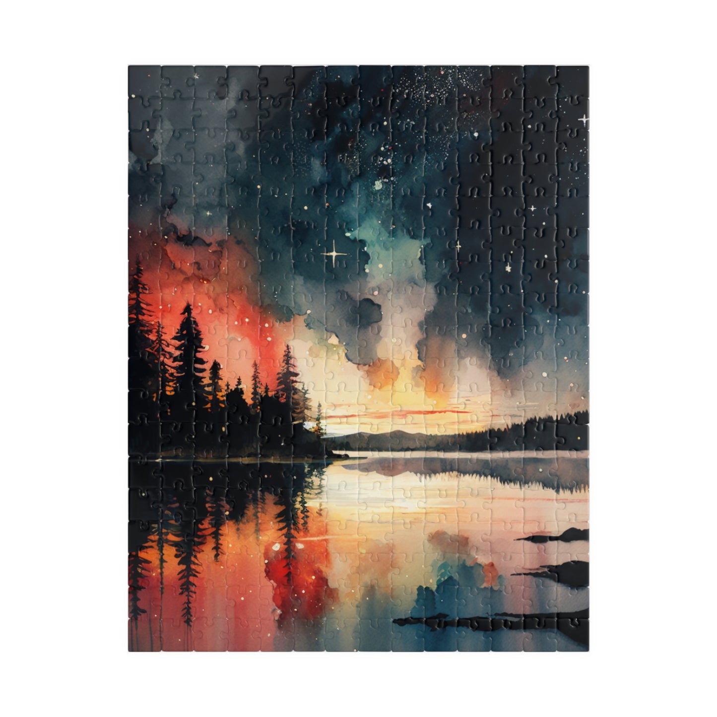 Starlit Reflections Puzzle (110, 252, 520, 1014 Pieces) - Celestial Sky Over Lake, Vibrant Galaxy Colors, Tranquil Nature Scene