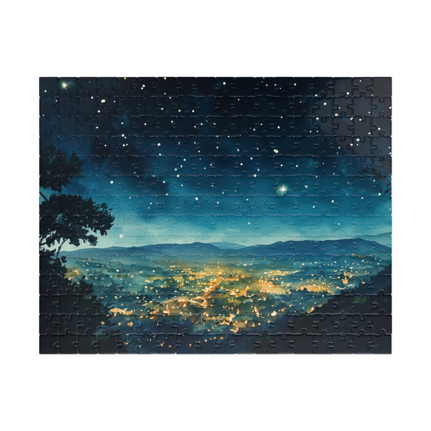 Mountain Town Under a Starry Sky Puzzle (110, 252, 520, 1014 Pieces) - Peaceful Night Lights, Stargazing, Cozy Escape
