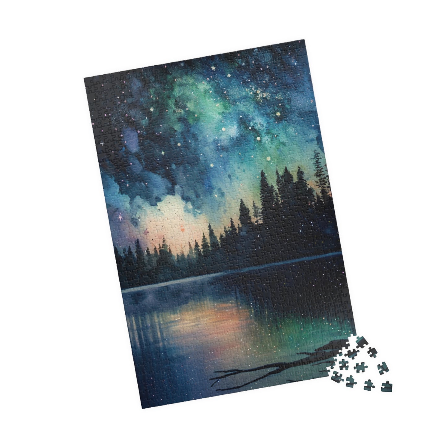Starry Lake Puzzle (110, 252, 520, 1014 Pieces) - Peaceful Night Sky Reflection, Forest Silhouette, Tranquil Water