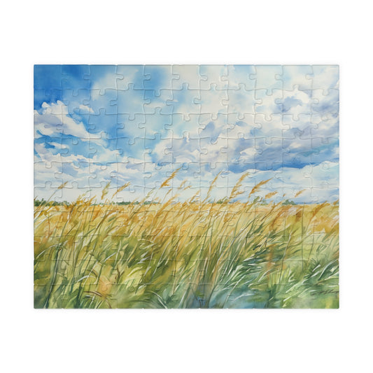 Tall Grasses Blowing Puzzle (110, 252, 520, 1014 Pieces) - Breezy Prairie Scene, Blue Sky, Calming Nature Art, Nature Puzzle, Home Decor